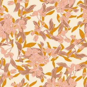 LARGE SCALE VINTAGE WHIMSY BLOSSOM BOTANICAL FLORAL IN MUSTARD YELLOW PINK BROWN 
