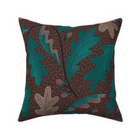 (L) Folksy oak leaves acorn brown, teal and beige  - autumn, fall, forest