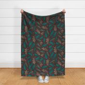 (L) Folksy oak leaves acorn brown, teal and beige  - autumn, fall, forest
