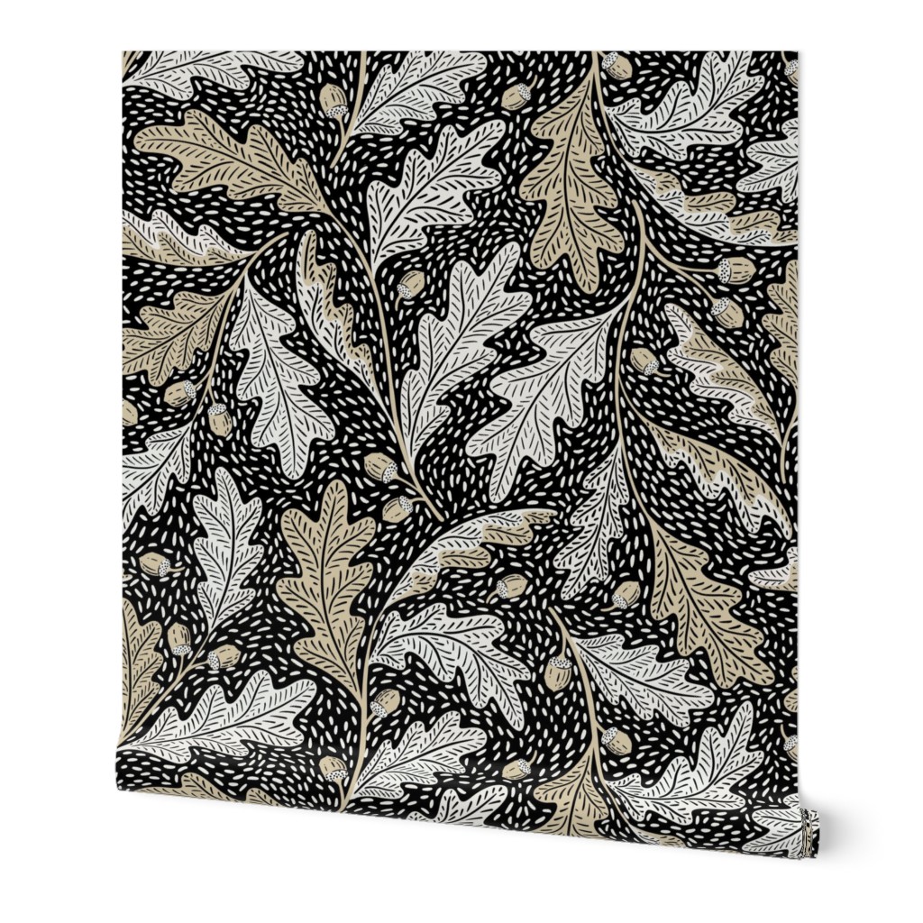 (L) Folksy oak leaves acorn black and white with beige  - autumn, fall, forest