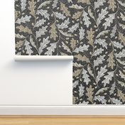 (L) Folksy oak leaves acorn black and white with beige  - autumn, fall, forest