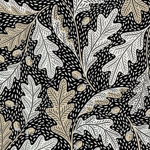 (L) Folksy oak leaves acorn black and white with beige  - autumn, fall, forest