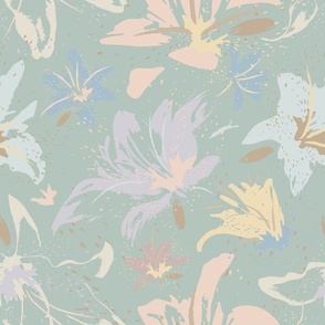 Abstract Lillies and Splattered Dots Pastel Neutral Mint Green_138