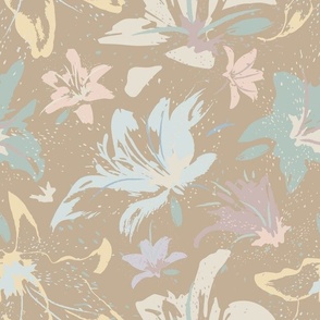 Abstract Lillies and Splattered Dots Pastel Neutral Brown Blue_138-05