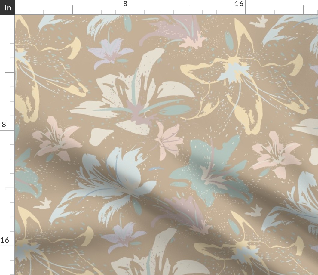 Abstract Lillies and Splattered Dots Pastel Neutral Brown Blue_138-05