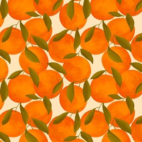 Oranges with olive green leaves on cream backgrounf