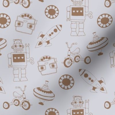 Vintage iconic toys - kids tricycle robots and rockets seventies childhood nostalgic toy pattern for kids minimalist boho style caramel on cool gray