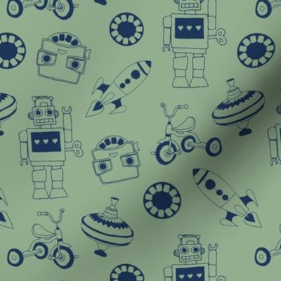 Vintage iconic toys - kids tricycle robots and rockets seventies childhood nostalgic toy pattern for kids minimalist boho style navy blue on green