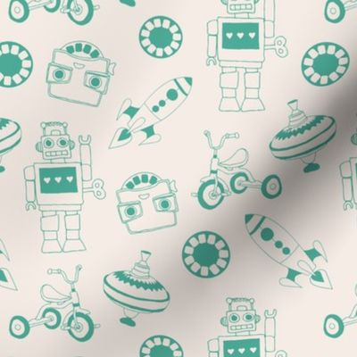 Vintage iconic toys - kids tricycle robots and rockets seventies childhood nostalgic toy pattern for kids minimalist boho style teal on cream