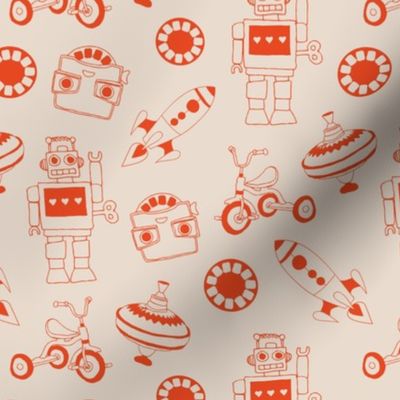 Vintage iconic toys - kids tricycle robots and rockets seventies childhood nostalgic toy pattern for kids minimalist boho style red on sand beige
