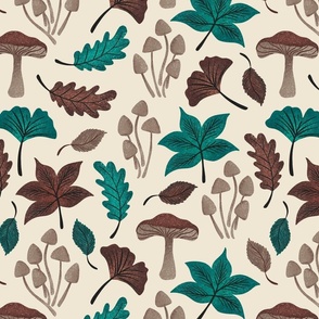 Autumn is Coming - Brown and Teal Fall Leaves Pattern + Mushrooms in Hand Drawn Textured Illustrations