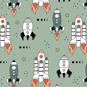 Build a rocket atronaut - outerspace theme with stars and space shuttle science design orange gray on sage green