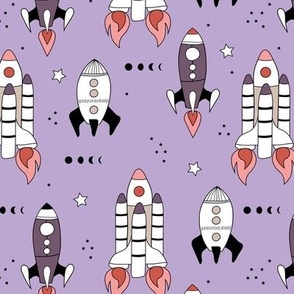 Build a rocket atronaut - outerspace theme with stars and space shuttle science design orange red on lilac purple