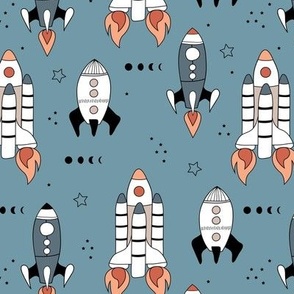 Build a rocket atronaut - outerspace theme with stars and space shuttle science design orange gray on moody blue