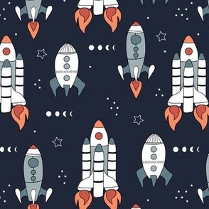 Build a rocket atronaut  - outerspace theme with stars and space shuttle science design orange blue on navy blue night