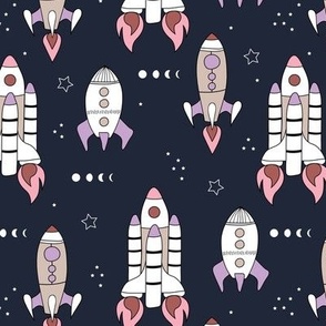 Build a rocket atronaut - outerspace theme with stars and space shuttle science design pink rust lilac on navy blue night