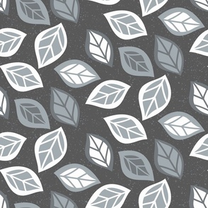 Tossed Leaves in Monochrome Gray on Dark Grey Background 
