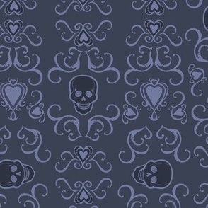 Macabre gothic Halloween design with skulls and hearts in grey and light grey“Death becomes us”