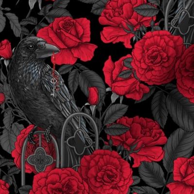 Ravens and red roses with gray leaves, normal size