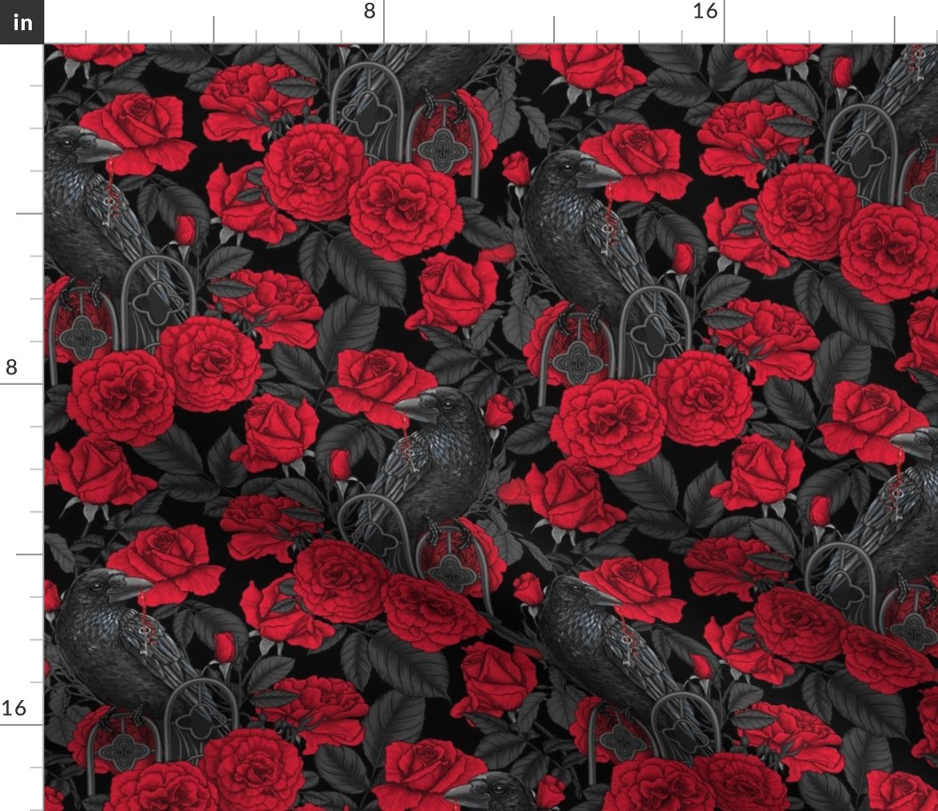 Ravens and red roses with gray leaves, normal size