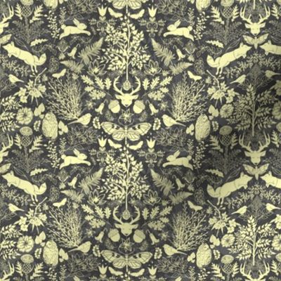 Frolicking Forest Friends (Soft Yellow and Gray Damask tiny scale) 