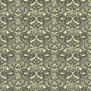 Frolicking Forest Friends (Soft Yellow and Gray Damask tiny scale) 