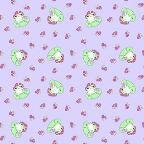 Cute frogs and mushrooms on lilac