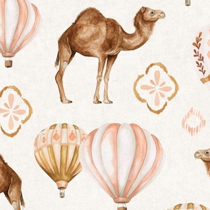 Boho Watercolor Desert Camel and Hot Air Balloons  24 inch