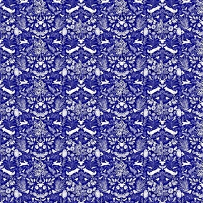 Frolicking Forest Friends (White on Cobalt Blue Damask tiny scale)