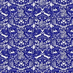 Frolicking Forest Friends (White on Cobalt Blue Damask small scale)