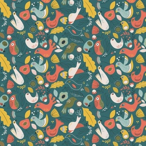 Birds of a Feather | Dark Teal & Coral Nature Inspired Fabric
