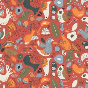 Birds of a Feather | Warm Red & Coral Nature Inspired Fabric