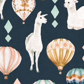 Whimsical Watercolor Llamas and Hot Air Balloons on Navy Blue 24 inch