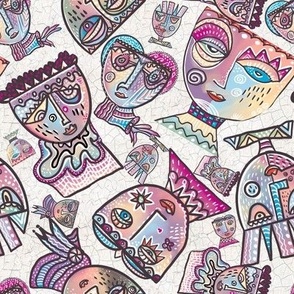 Surrealist meets cubism handdrawn colourful wonky quirky faces in lilacs on off white  crackle background 8” repeat scattered tossed