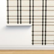 Linen Plaid Cream Beige and Black Vintage Stripes, Fabric, Curtains, Pillow, Bedding