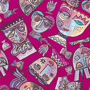 Surrealist meets cubism handdrawn colourful wonky quirky faces in lilacs on bright cerise pink  crackle background 8” repeat scattered tossed