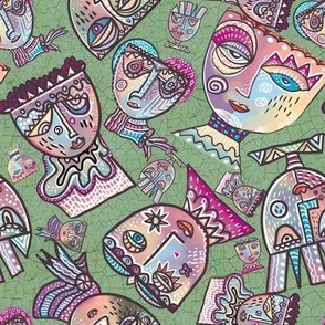 Surrealist meets cubism handdrawn colourful wonky quirky faces in lilacs on celadon green crackle background 8” repeat scattered tossed