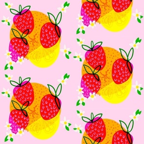 Citrus Strawberries Mini Retro Scandi Modern Hot Pink And Green Mid-Century Cottagecore Maximalist Red Colorful Saturated Color Tropical Summer Illustrated Lemon Yellow And Orange Berry Fruit Food Design 