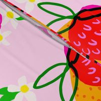 Citrus Strawberries Retro Scandi Modern Hot Pink And Green Mid-Century Cottagecore Maximalist Red Colorful Saturated Color Tropical Summer Illustrated Lemon Yellow And Orange Berry Fruit Food Design 