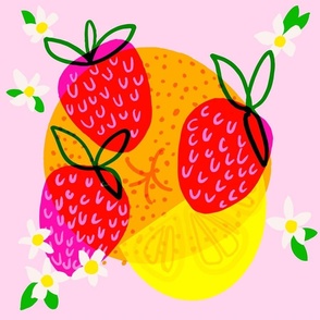 Citrus Strawberries Retro Scandi Modern Hot Pink And Green Mid-Century Cottagecore Maximalist Red Colorful Saturated Color Tropical Summer Illustrated Lemon Yellow And Orange Berry Fruit Food Design 