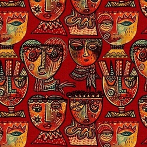 Surrealist meets cubism handdrawn colourful wonky quirky Aztec boho faces in  with woven textured overlay 6” repeat in deep reds