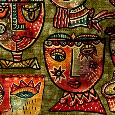Surrealist meets cubism handdrawn colourful wonky quirky Aztec boho faces in  with woven textured overlay 12” repeat on khaki green texture