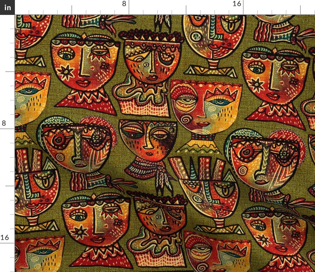 Surrealist meets cubism handdrawn colourful wonky quirky Aztec boho faces in  with woven textured overlay 12” repeat on khaki green texture