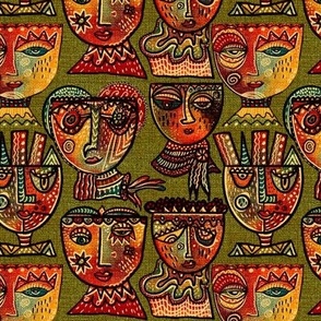 Surrealist meets cubism handdrawn colourful wonky quirky Aztec boho faces in  with woven textured overlay 6”  repeat on khaki green texture