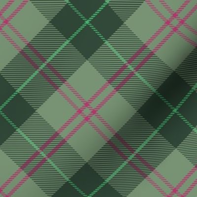 Muted green plaid with  thin pink and celery green stripes, green and pink plaid, diagonal tartan