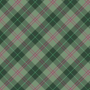 Muted green plaid with  thin pink and celery green stripes, green and pink plaid, diagonal tartan