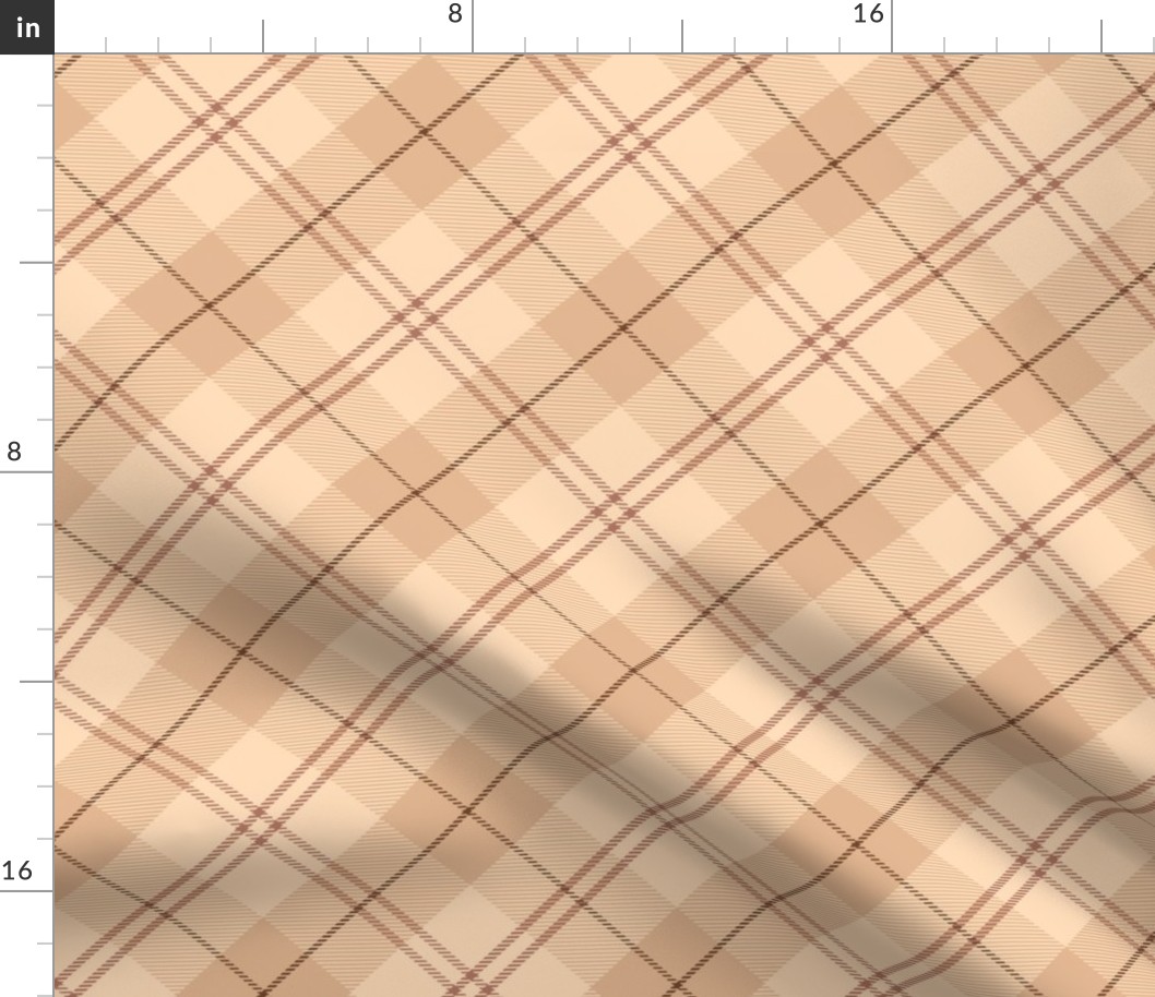 M. Diagonal warm beige plaid with brown stripes, peach and apricot tan tartan, neutral plaid, MEDIUM