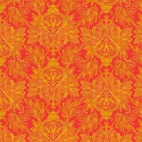 Perfect harmony vintage handdrawn golden ombre damask on bright scarlet red 6”  repeat