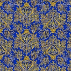 Perfect harmony vintage handdrawn golden ombre damask on deep sapphire  blue  6” repeat
