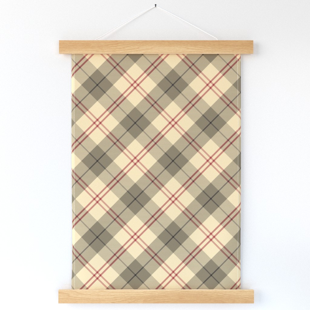 M. Diagonal beige plaid with red and gray stripes, earth tones tartan, london plaid